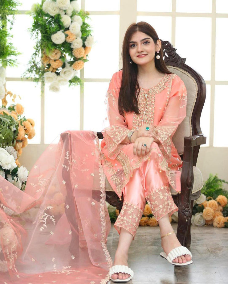 Embroidered Organza Suit - 3 Pcs Set for Women in Pink