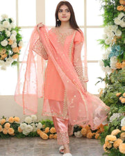 Embroidered Organza Suit - 3 Pcs Set for Women in Pink